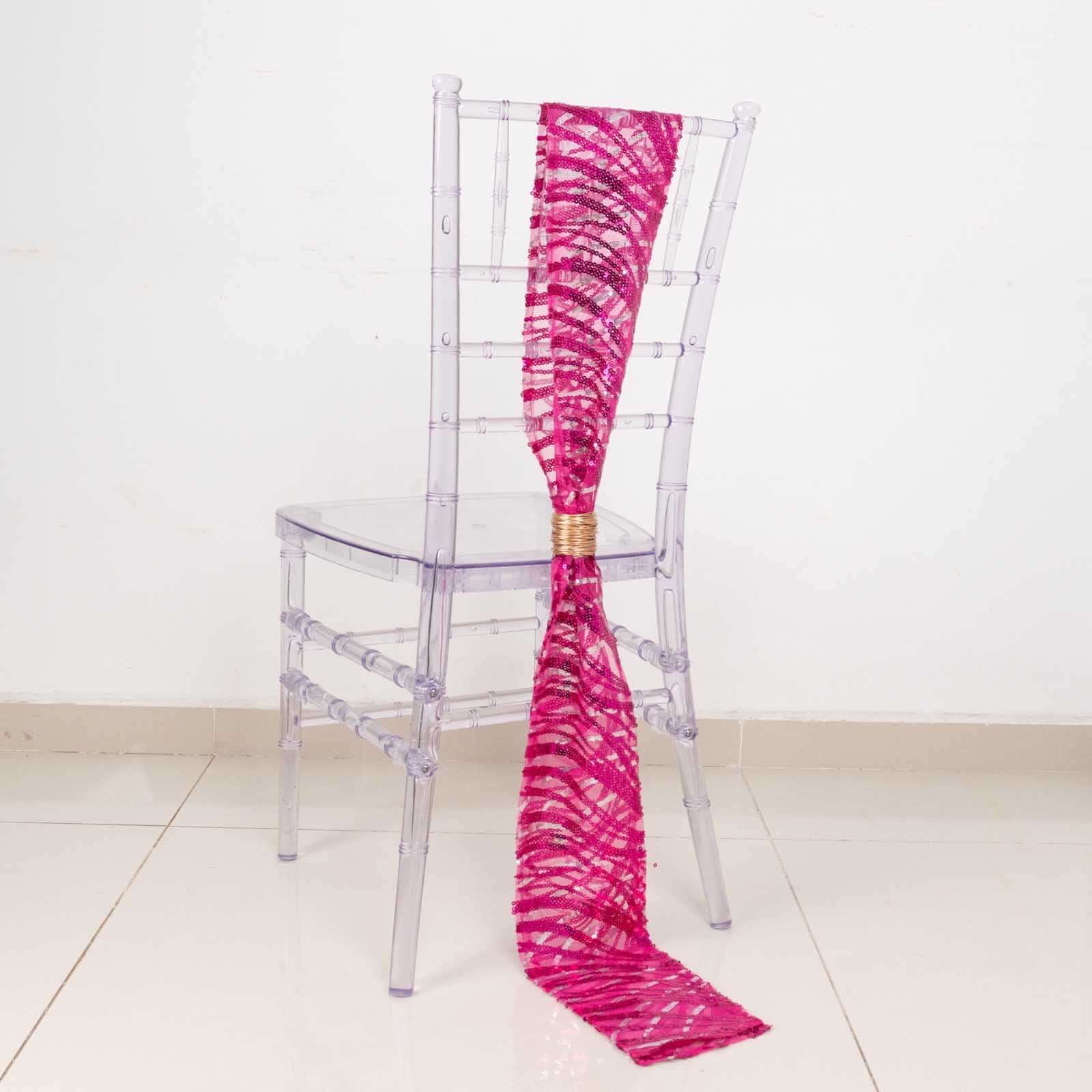 5 Pack Chair Sashes with Wave Embroidered Sequins Fuchsia/Silver 6"x88" - Bell Racket Store