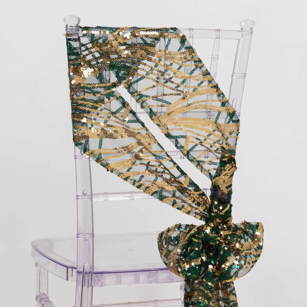 5 Pack Chair Sashes with Wave Embroidered Sequins Hunter Emerald Green/Gold 6"x88" - Bell Racket Store
