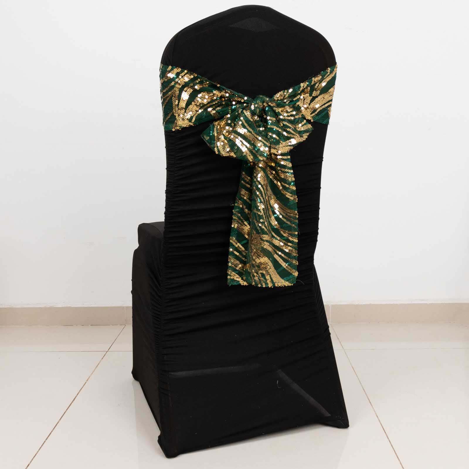 5 Pack Chair Sashes with Wave Embroidered Sequins Hunter Emerald Green/Gold 6"x88" - Bell Racket Store