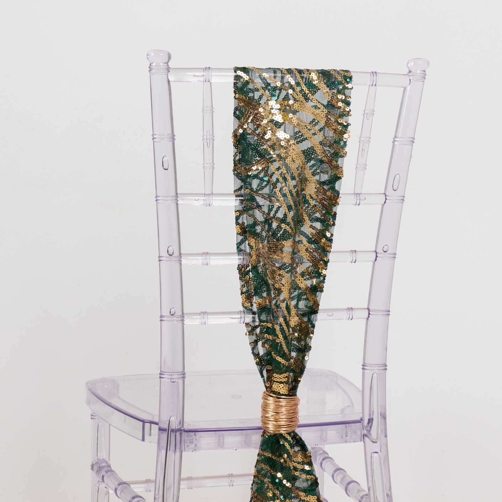 5 Pack Chair Sashes with Wave Embroidered Sequins Hunter Emerald Green/Gold 6"x88" - Bell Racket Store