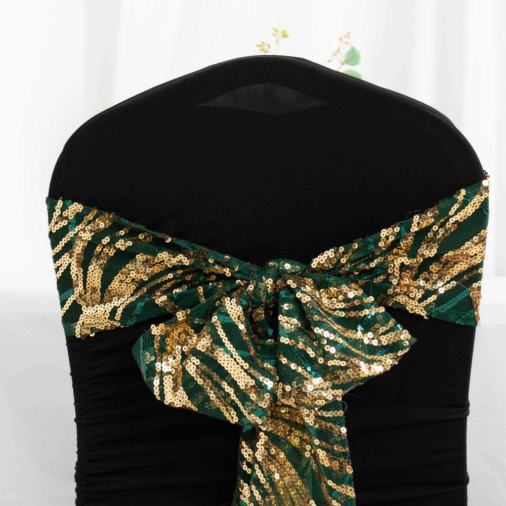 5 Pack Chair Sashes with Wave Embroidered Sequins Hunter Emerald Green/Gold 6"x88" - Bell Racket Store
