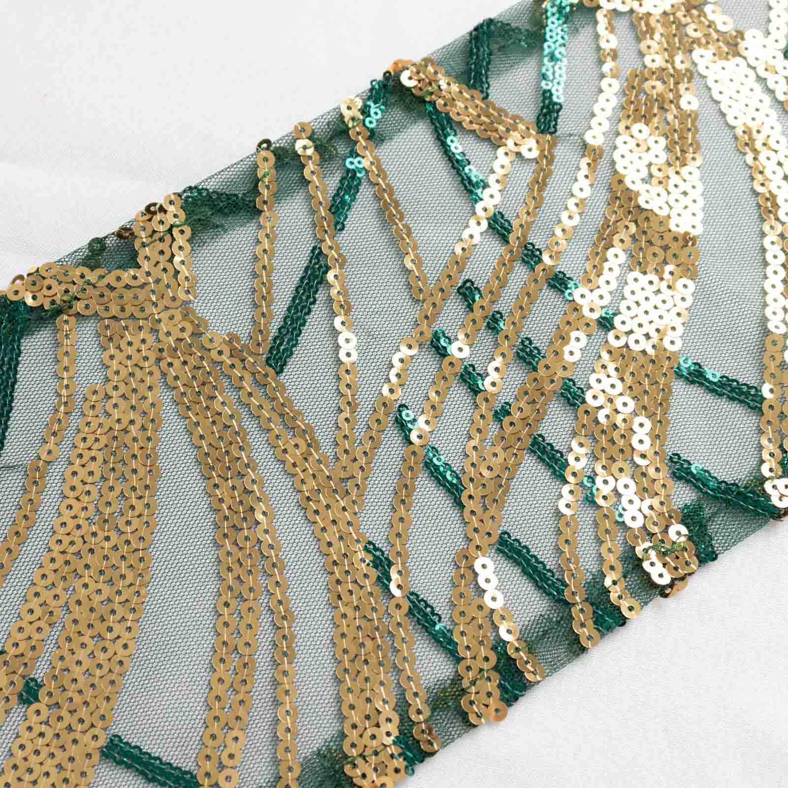 5 Pack Chair Sashes with Wave Embroidered Sequins Hunter Emerald Green/Gold 6"x88" - Bell Racket Store