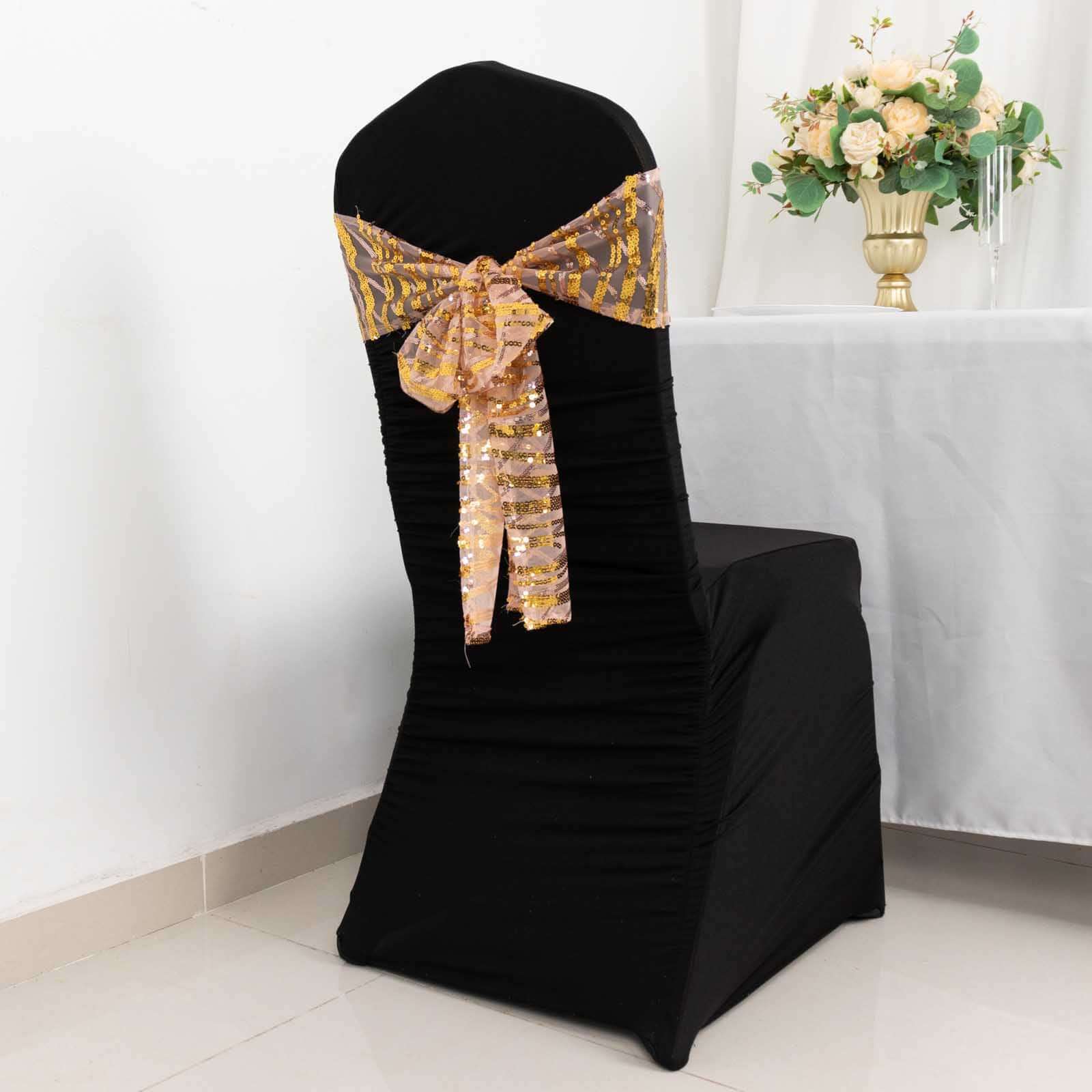 5 Pack Chair Sashes with Wave Embroidered Sequins Rose Gold/Gold 6"x88" - Bell Racket Store
