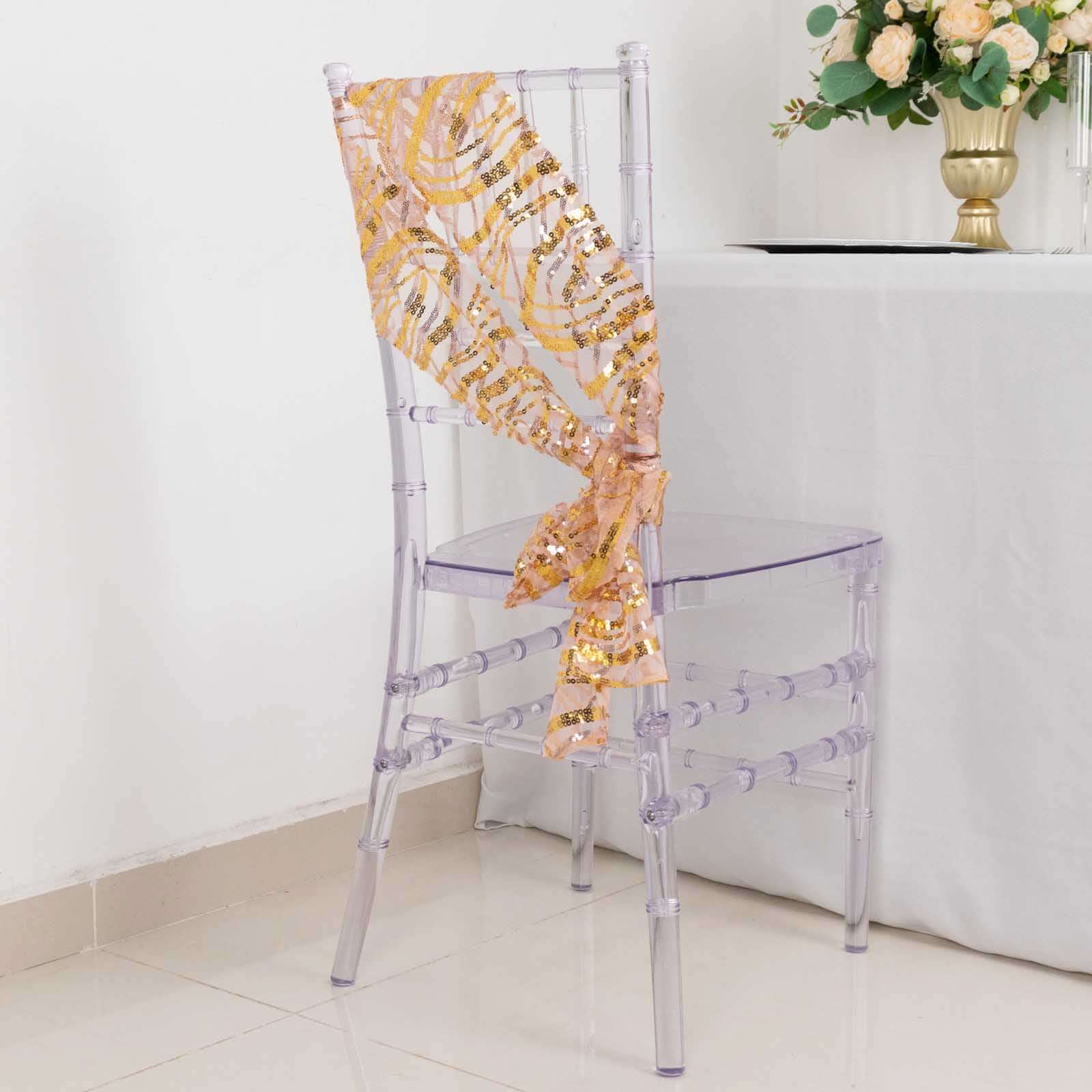 5 Pack Chair Sashes with Wave Embroidered Sequins Rose Gold/Gold 6"x88" - Bell Racket Store