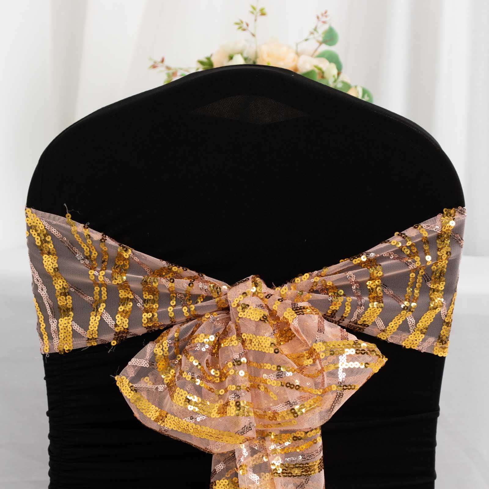 5 Pack Chair Sashes with Wave Embroidered Sequins Rose Gold/Gold 6"x88" - Bell Racket Store