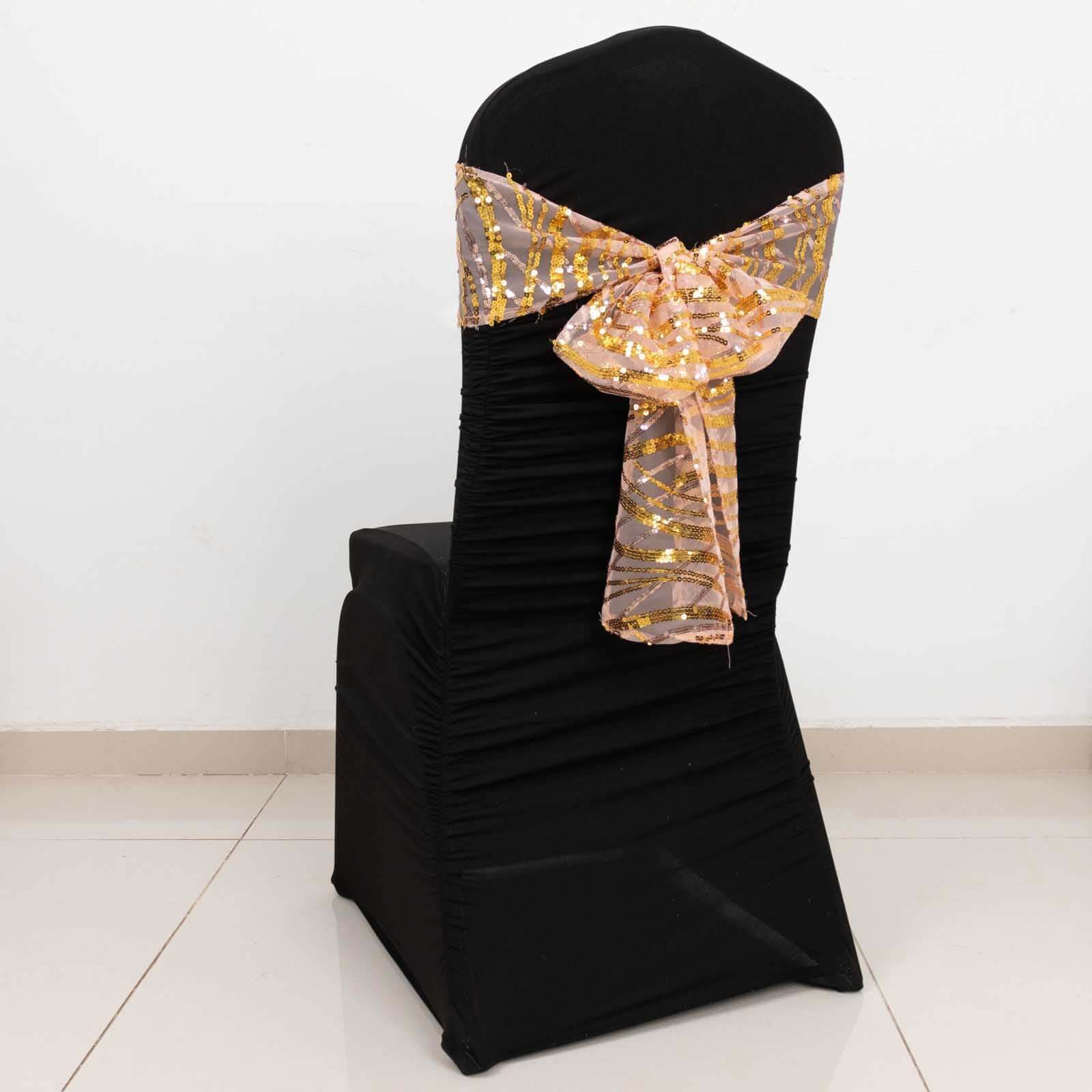 5 Pack Chair Sashes with Wave Embroidered Sequins Rose Gold/Gold 6"x88" - Bell Racket Store