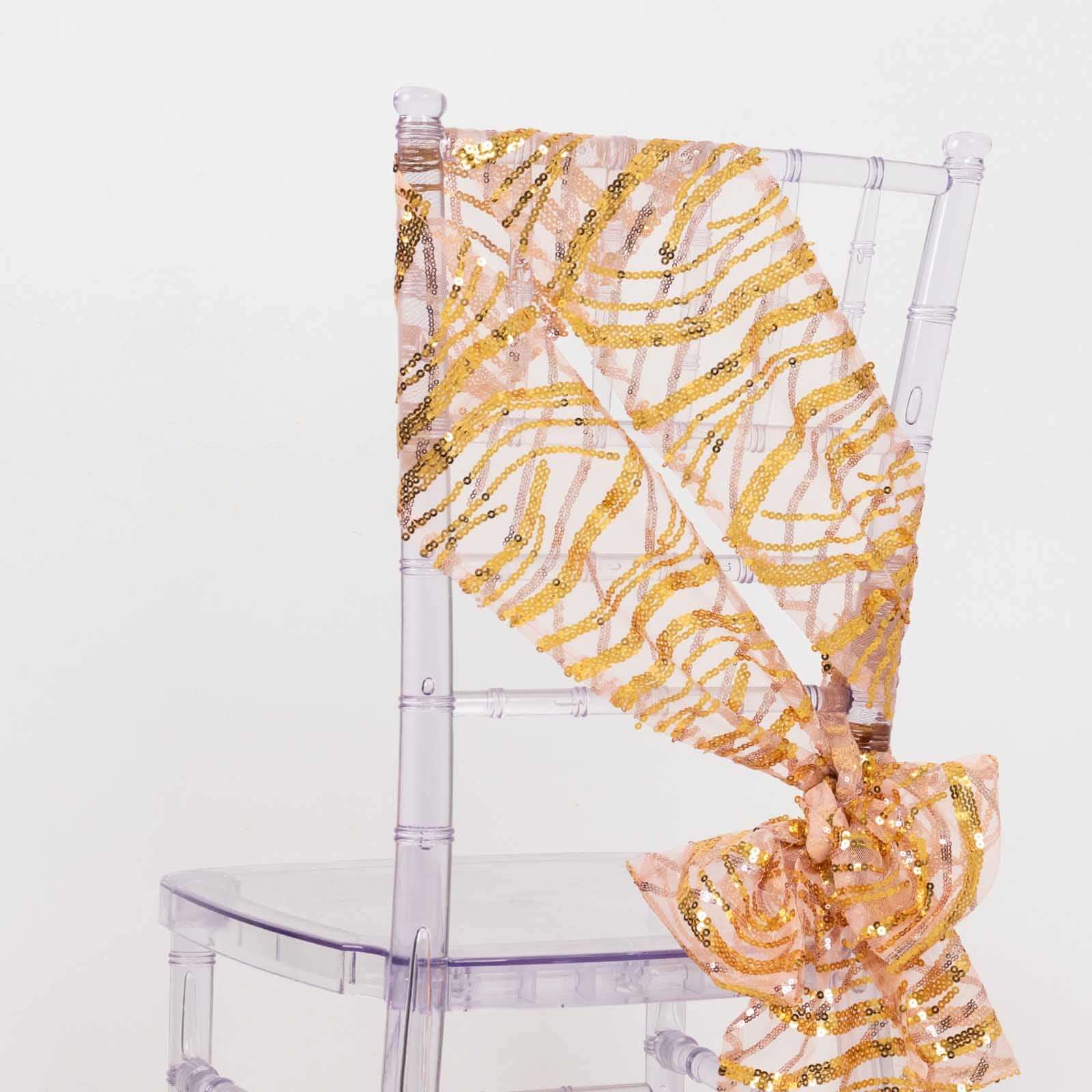 5 Pack Chair Sashes with Wave Embroidered Sequins Rose Gold/Gold 6"x88" - Bell Racket Store