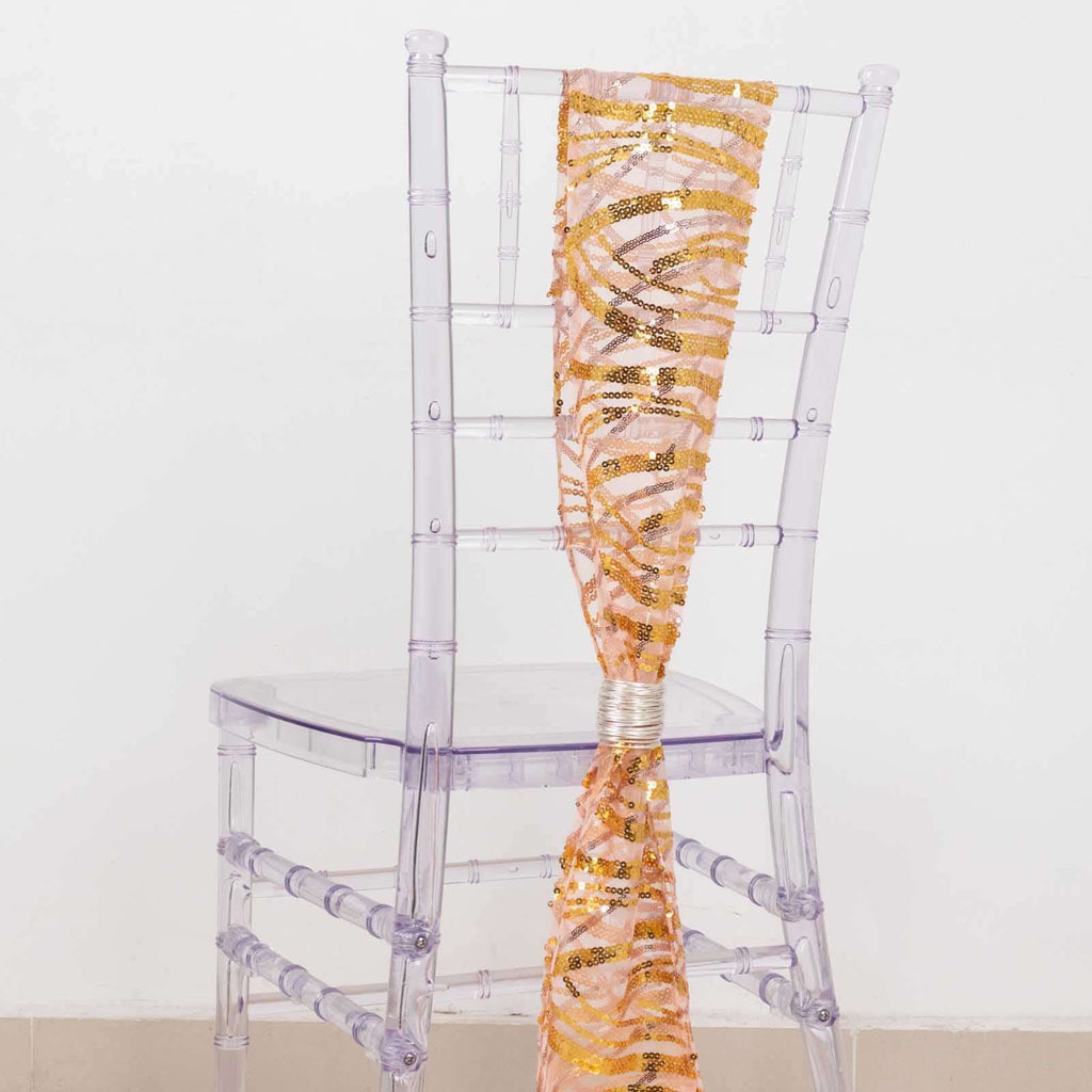 5 Pack Chair Sashes with Wave Embroidered Sequins Rose Gold/Gold 6"x88" - Bell Racket Store
