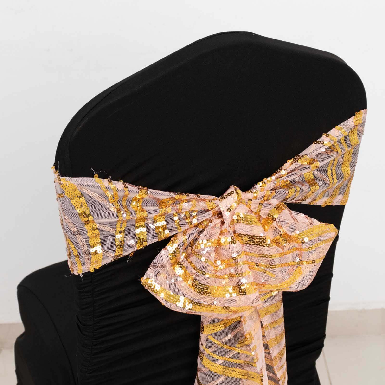 5 Pack Chair Sashes with Wave Embroidered Sequins Rose Gold/Gold 6"x88" - Bell Racket Store