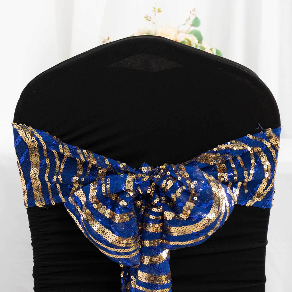5 Pack Chair Sashes with Wave Embroidered Sequins Royal Blue/Gold 6"x88" - Bell Racket Store