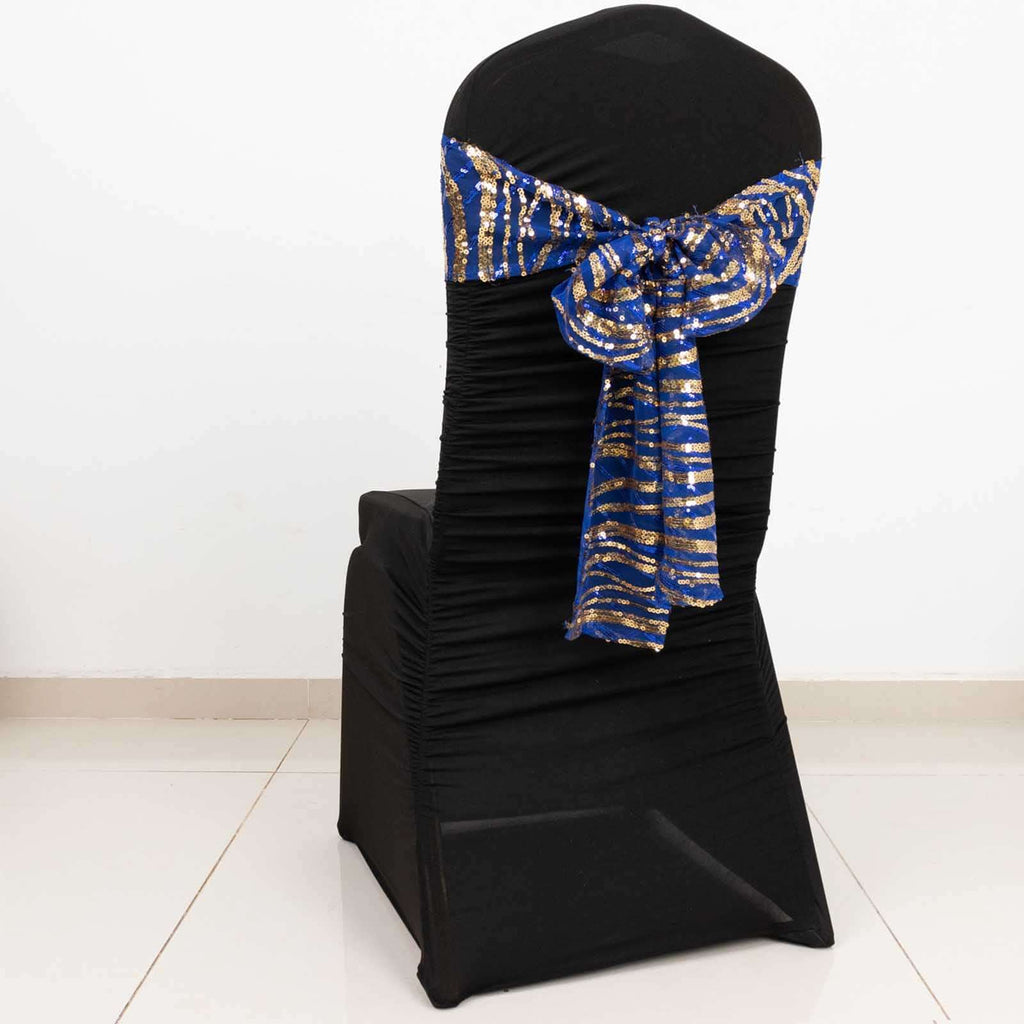 5 Pack Chair Sashes with Wave Embroidered Sequins Royal Blue/Gold 6"x88" - Bell Racket Store