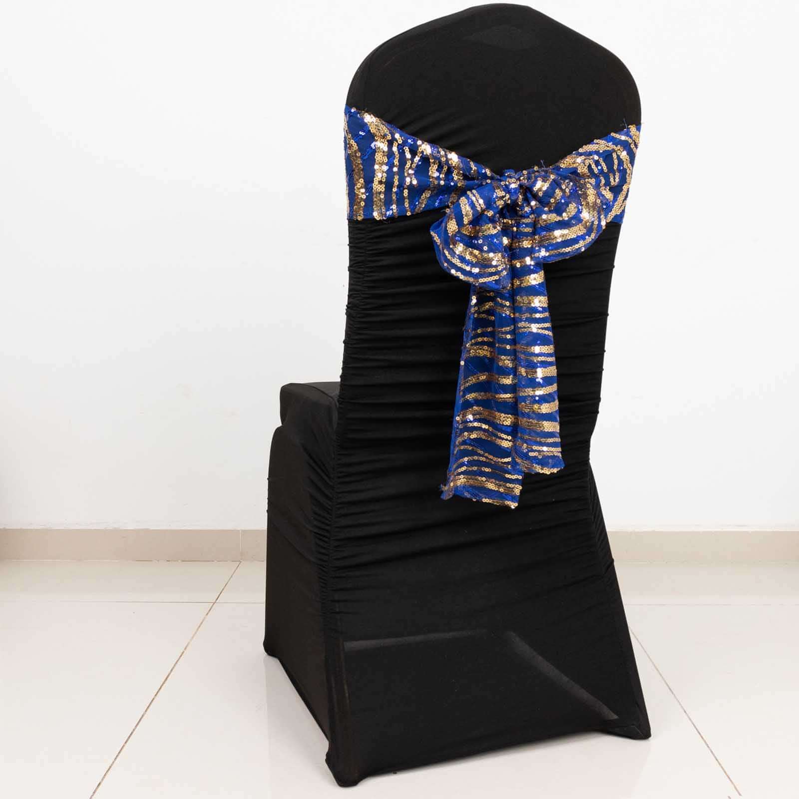 5 Pack Chair Sashes with Wave Embroidered Sequins Royal Blue/Gold 6"x88" - Bell Racket Store