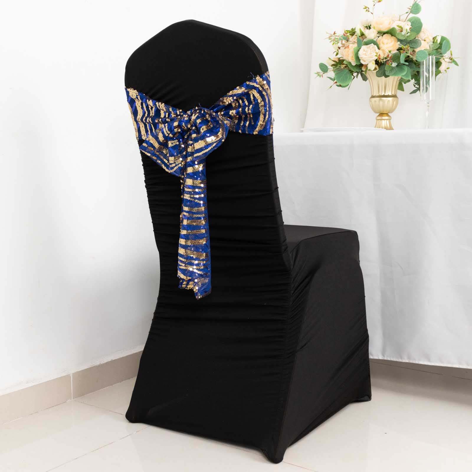 5 Pack Chair Sashes with Wave Embroidered Sequins Royal Blue/Gold 6"x88" - Bell Racket Store
