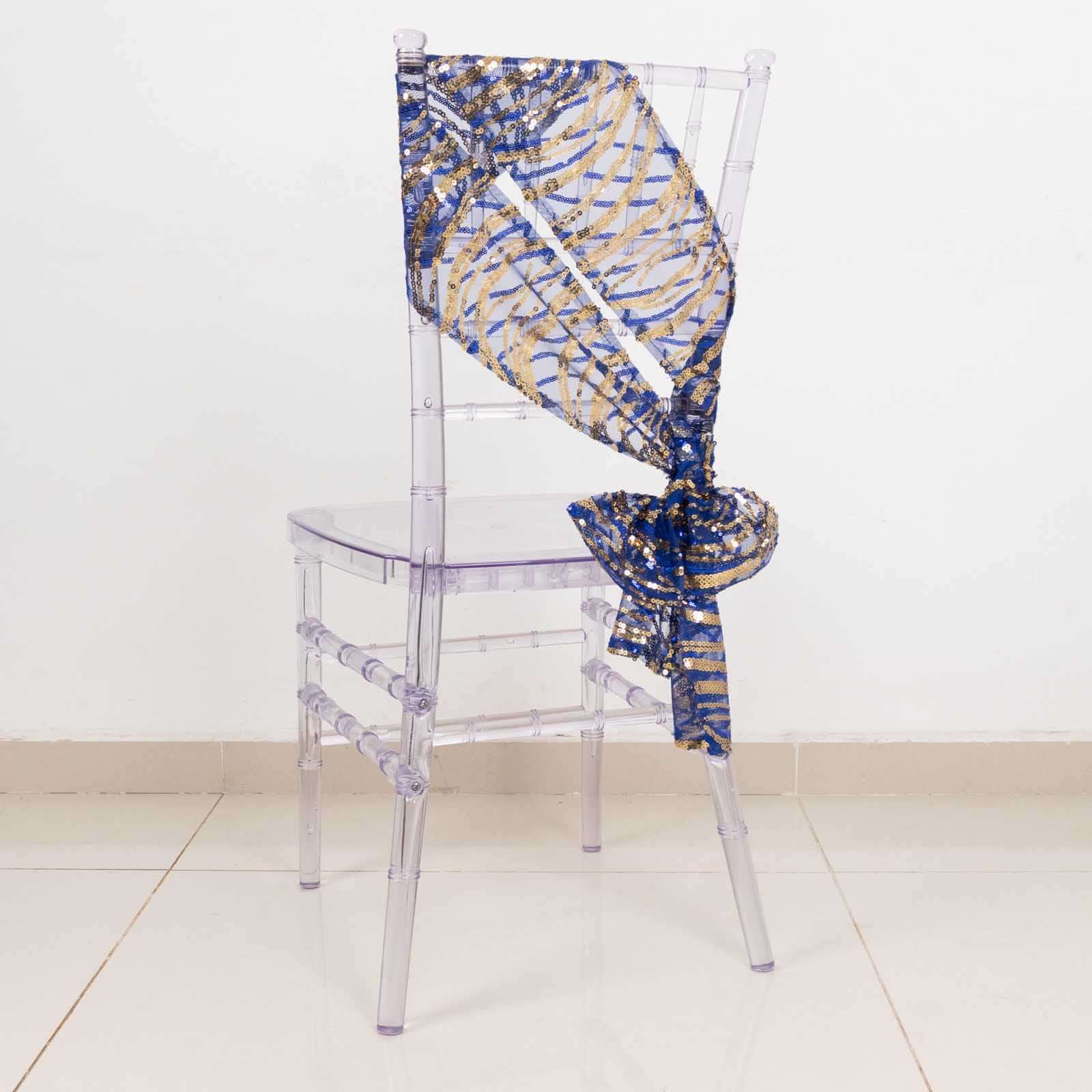 5 Pack Chair Sashes with Wave Embroidered Sequins Royal Blue/Gold 6"x88" - Bell Racket Store