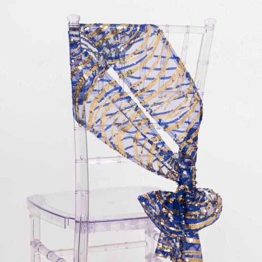 5 Pack Chair Sashes with Wave Embroidered Sequins Royal Blue/Gold 6"x88" - Bell Racket Store
