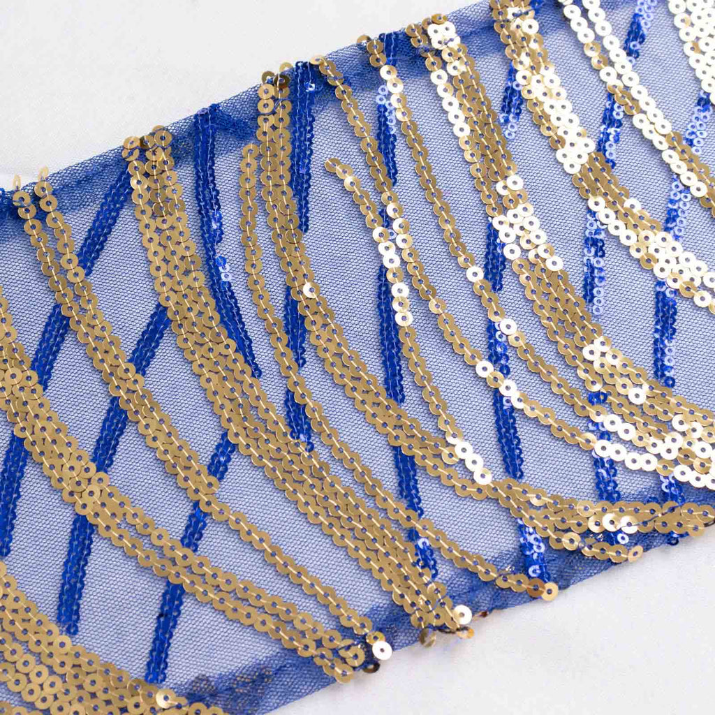 5 Pack Chair Sashes with Wave Embroidered Sequins Royal Blue/Gold 6"x88" - Bell Racket Store