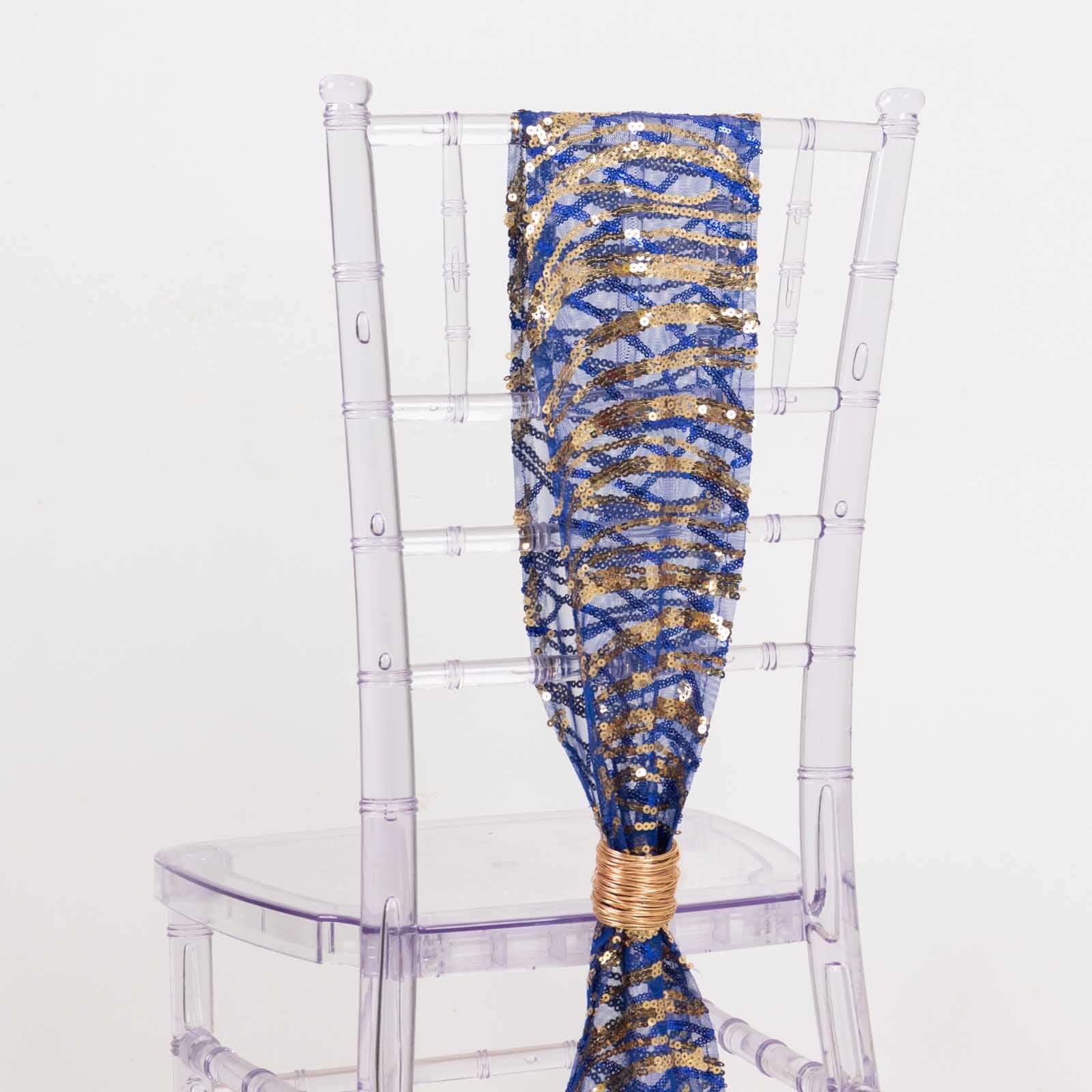 5 Pack Chair Sashes with Wave Embroidered Sequins Royal Blue/Gold 6"x88" - Bell Racket Store