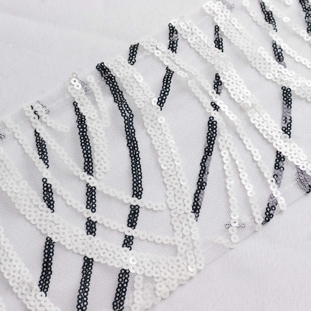 5 Pack Chair Sashes with Wave Embroidered Sequins White/Black 6"x88" - Stylish Glittering Decor for Weddings - Bell Racket Store