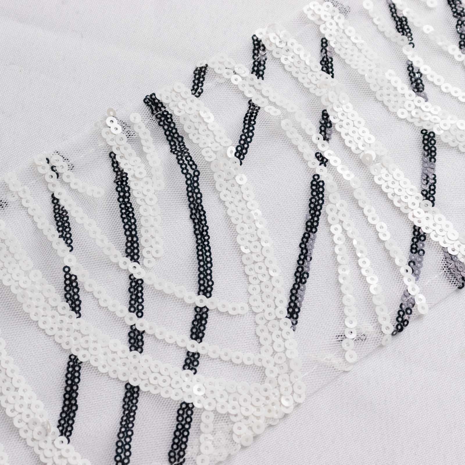 5 Pack Chair Sashes with Wave Embroidered Sequins White/Black 6"x88" - Stylish Glittering Decor for Weddings - Bell Racket Store
