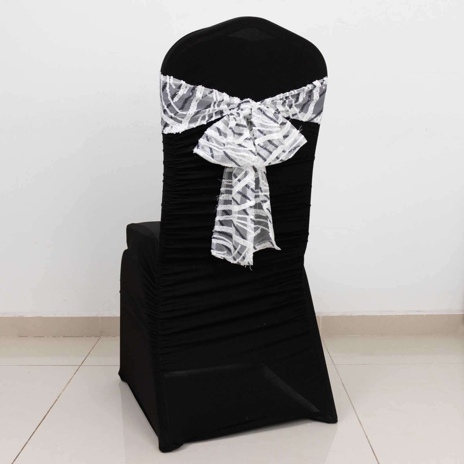 5 Pack Chair Sashes with Wave Embroidered Sequins White/Black 6"x88" - Stylish Glittering Decor for Weddings - Bell Racket Store
