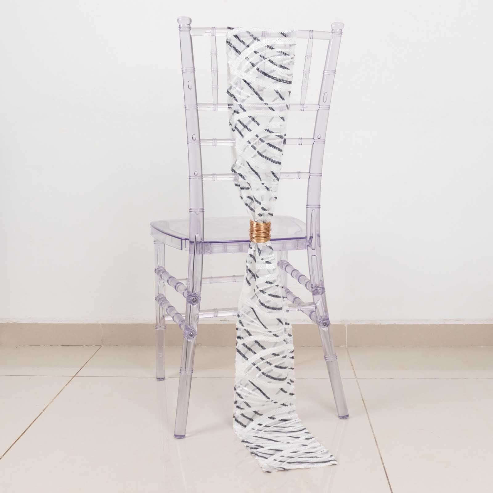 5 Pack Chair Sashes with Wave Embroidered Sequins White/Black 6"x88" - Stylish Glittering Decor for Weddings - Bell Racket Store