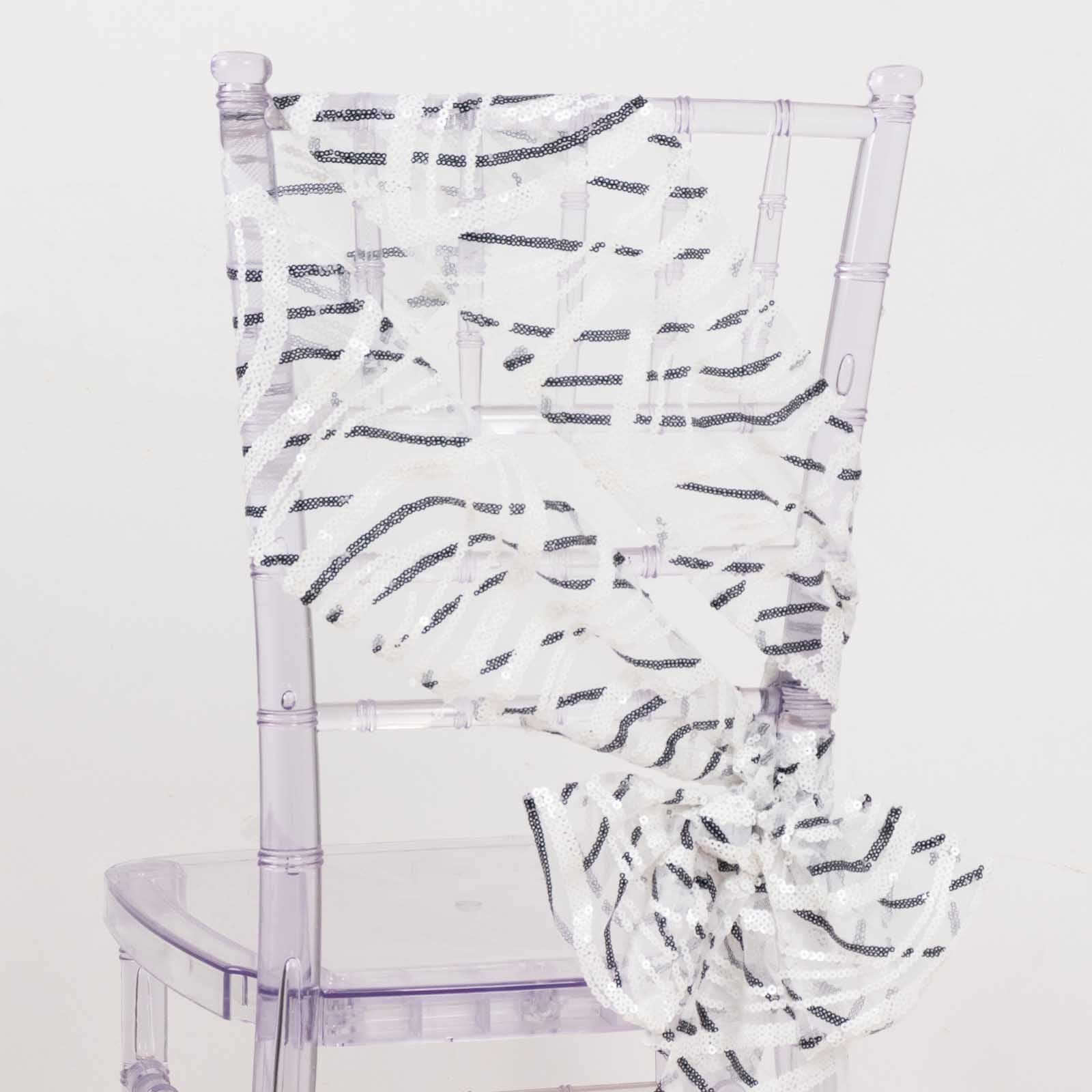 5 Pack Chair Sashes with Wave Embroidered Sequins White/Black 6"x88" - Stylish Glittering Decor for Weddings - Bell Racket Store