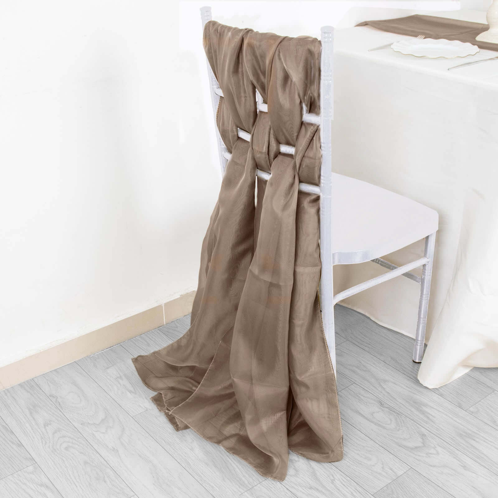 5 Pack Chiffon Chair Sashes Taupe - Soft & Lightweight Designer Chair Bows 22"x78" - Bell Racket Store