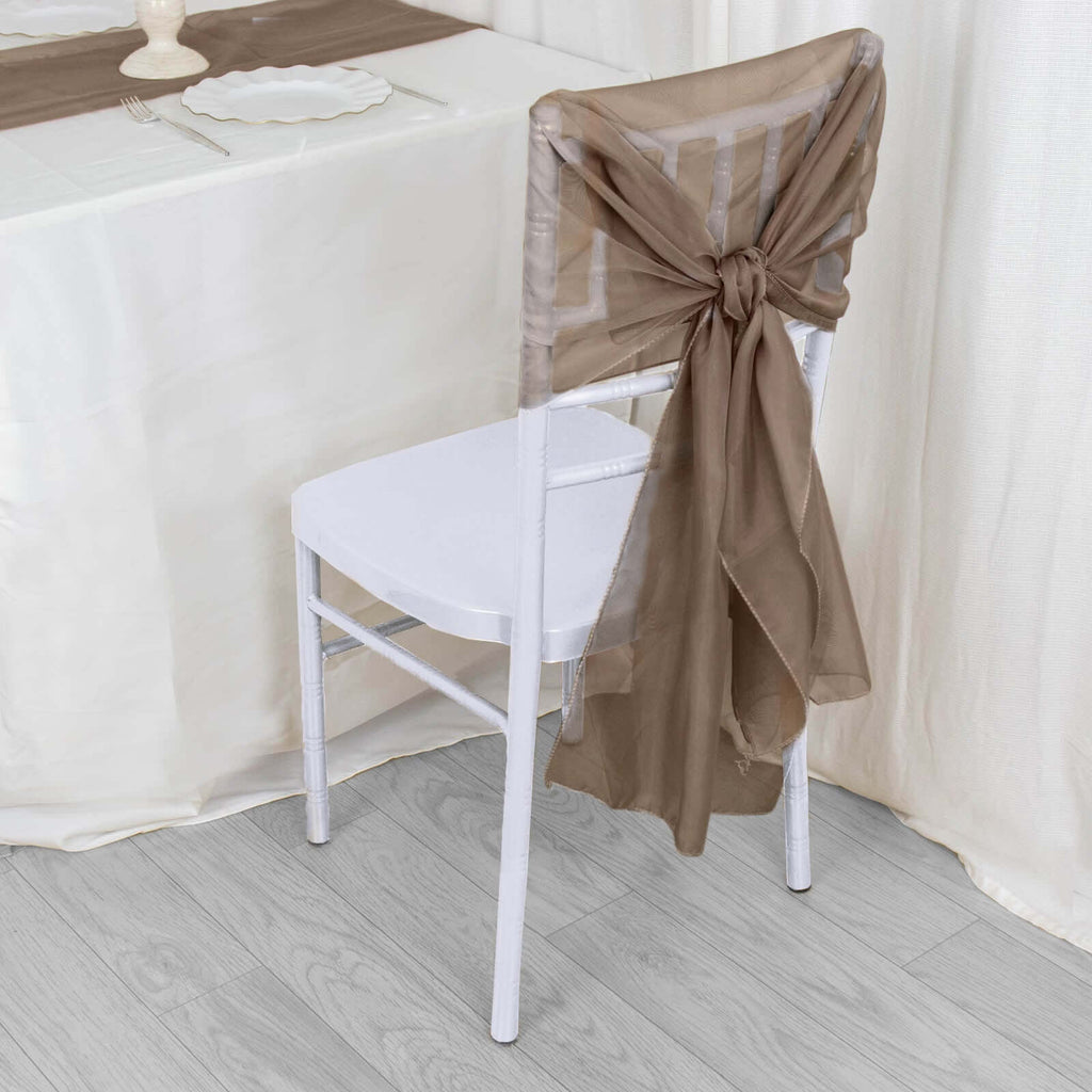 5 Pack Chiffon Chair Sashes Taupe - Soft & Lightweight Designer Chair Bows 22"x78" - Bell Racket Store