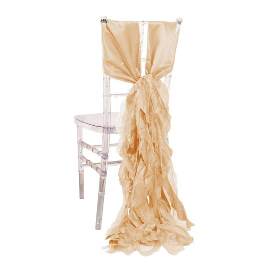5 Pack Chiffon Satin Chair Sashes Beige - Easy to Install Ruffled Curly Willow - Bell Racket Store