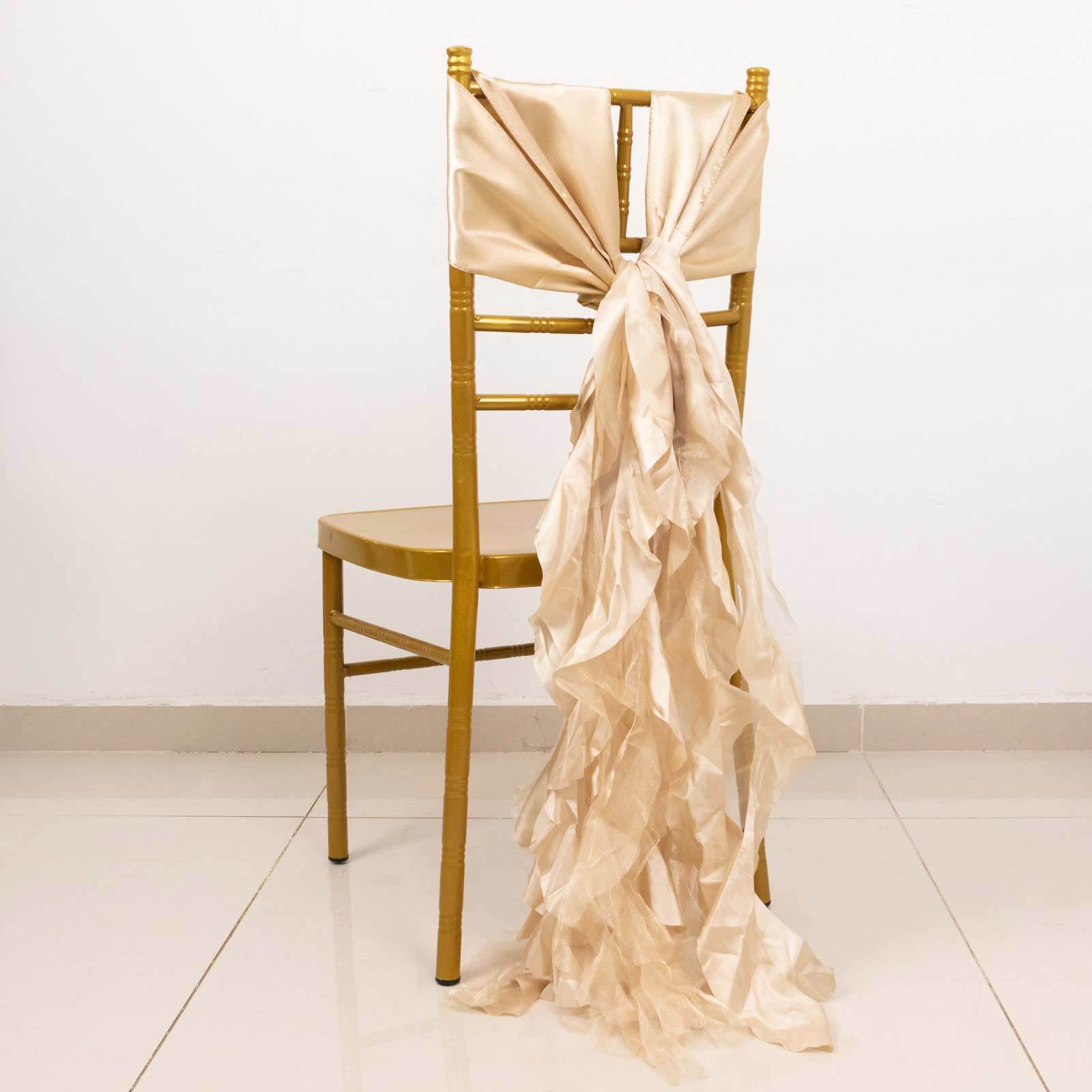 5 Pack Chiffon Satin Chair Sashes Beige - Easy to Install Ruffled Curly Willow - Bell Racket Store