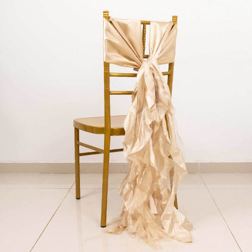 5 Pack Chiffon Satin Chair Sashes Beige - Easy to Install Ruffled Curly Willow - Bell Racket Store