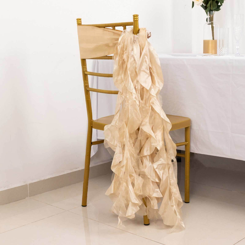 5 Pack Chiffon Satin Chair Sashes Beige - Easy to Install Ruffled Curly Willow - Bell Racket Store