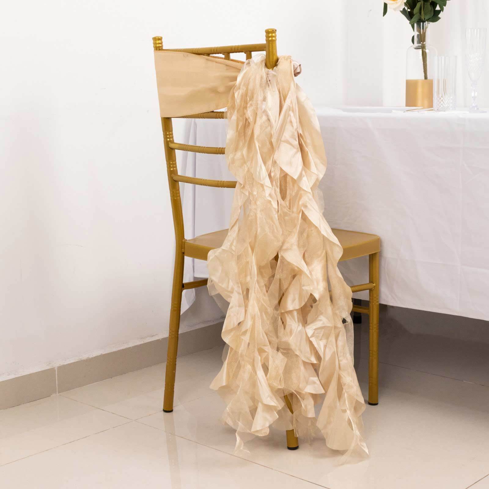 5 Pack Chiffon Satin Chair Sashes Beige - Easy to Install Ruffled Curly Willow - Bell Racket Store
