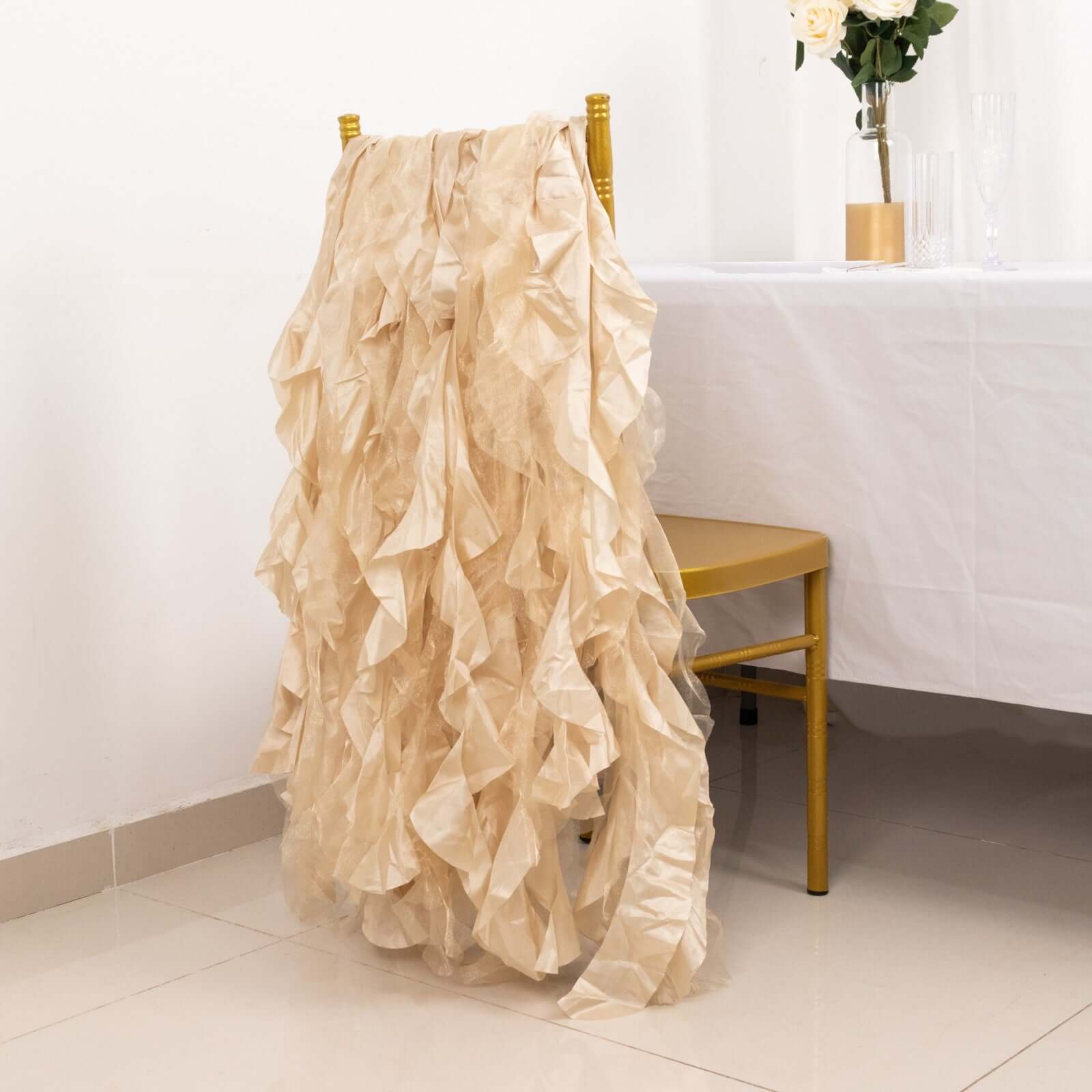 5 Pack Chiffon Satin Chair Sashes Beige - Easy to Install Ruffled Curly Willow - Bell Racket Store