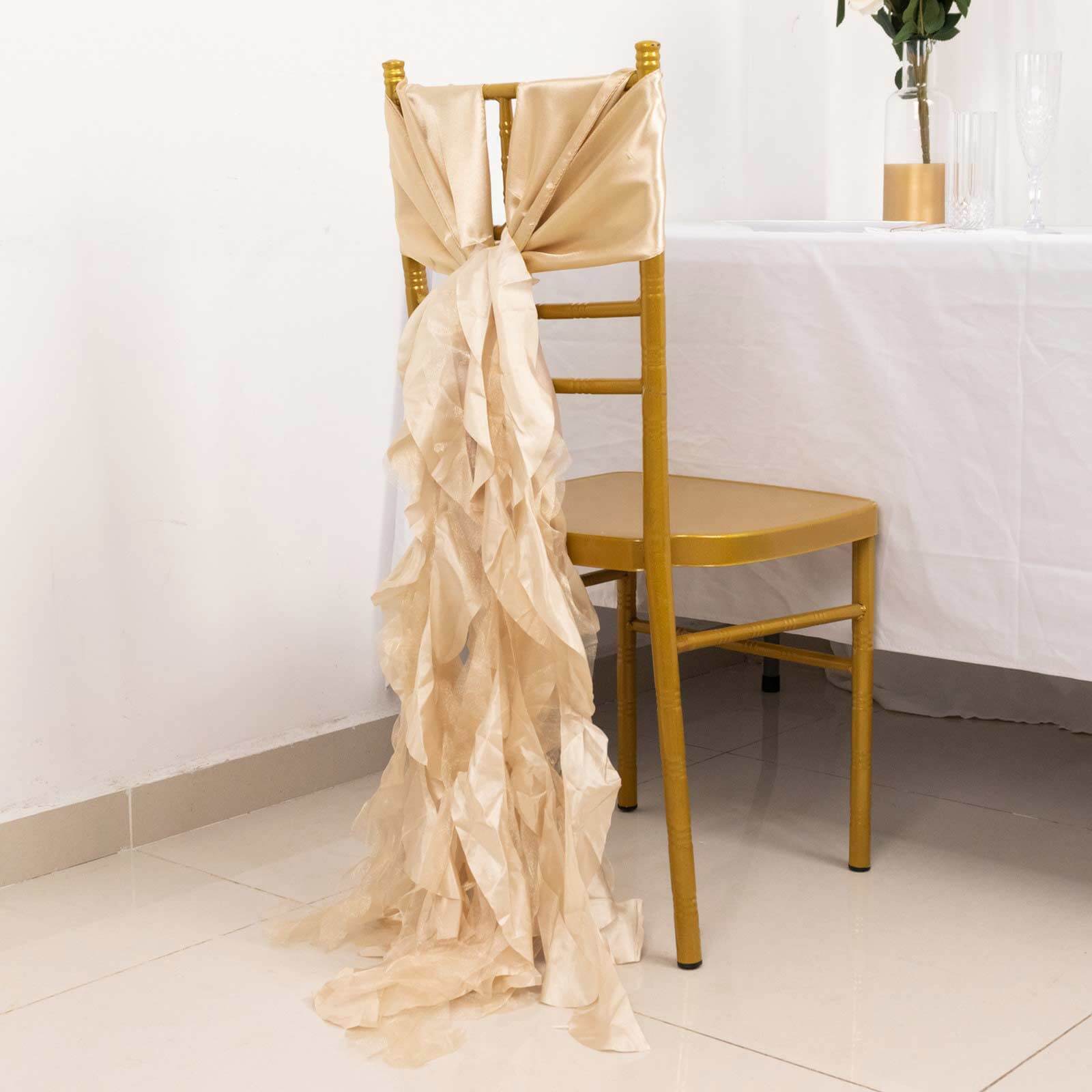 5 Pack Chiffon Satin Chair Sashes Beige - Easy to Install Ruffled Curly Willow - Bell Racket Store