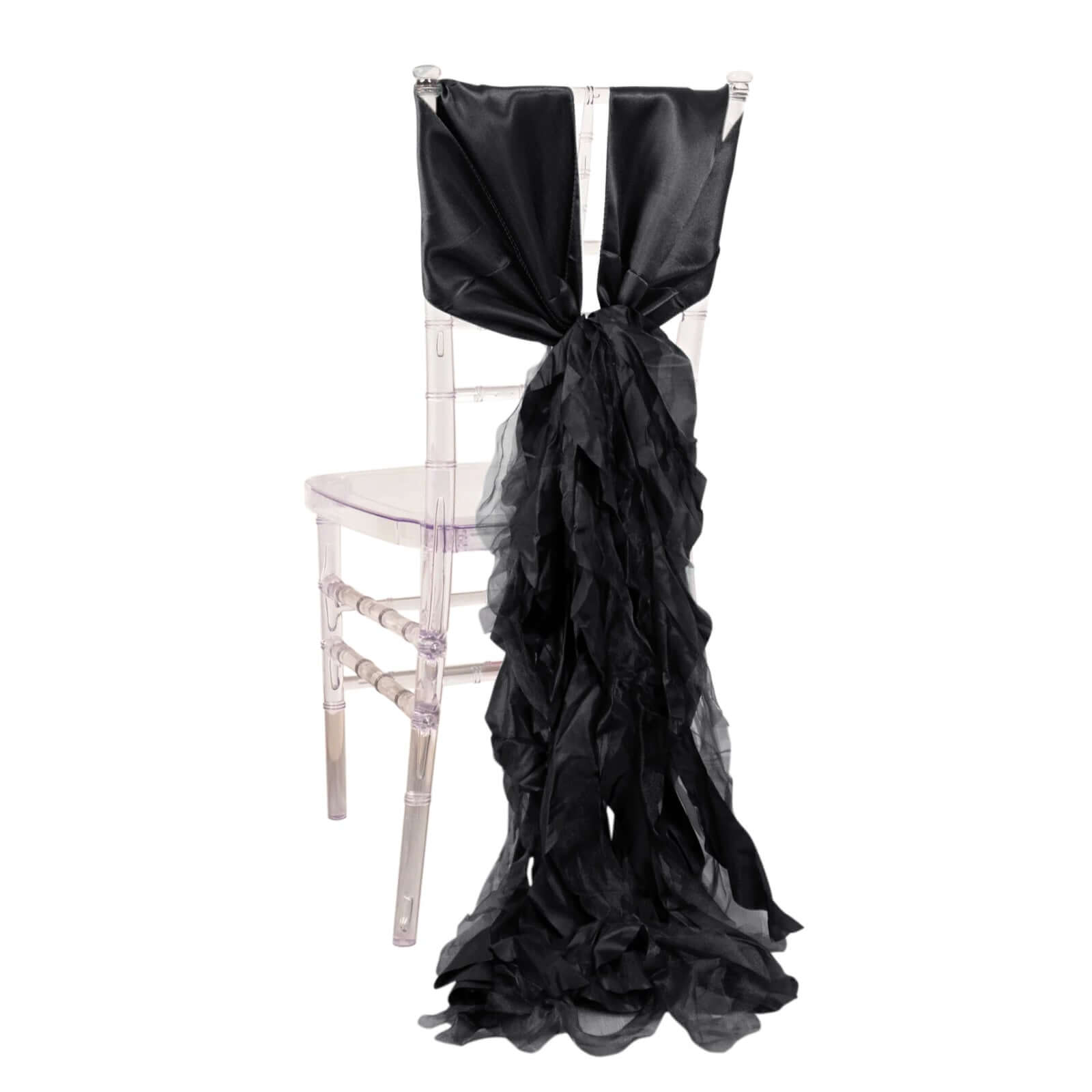 5 Pack Chiffon Satin Chair Sashes Black - Easy to Install Lustrous Ruffled Curly Willow Wedding Chair Decorations - Bell Racket Store