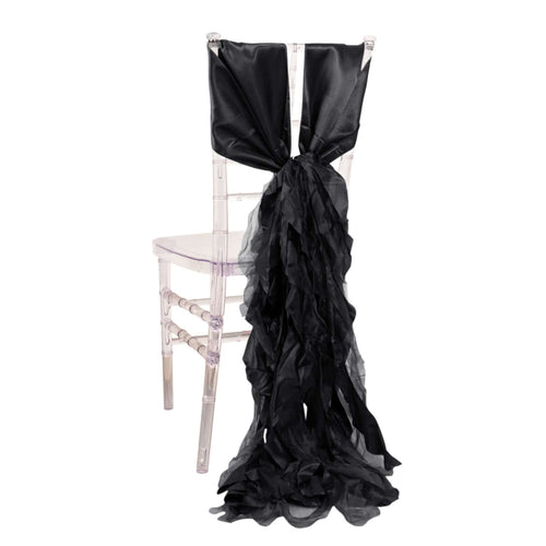 5 Pack Chiffon Satin Chair Sashes Black - Easy to Install Lustrous Ruffled Curly Willow Wedding Chair Decorations - Bell Racket Store