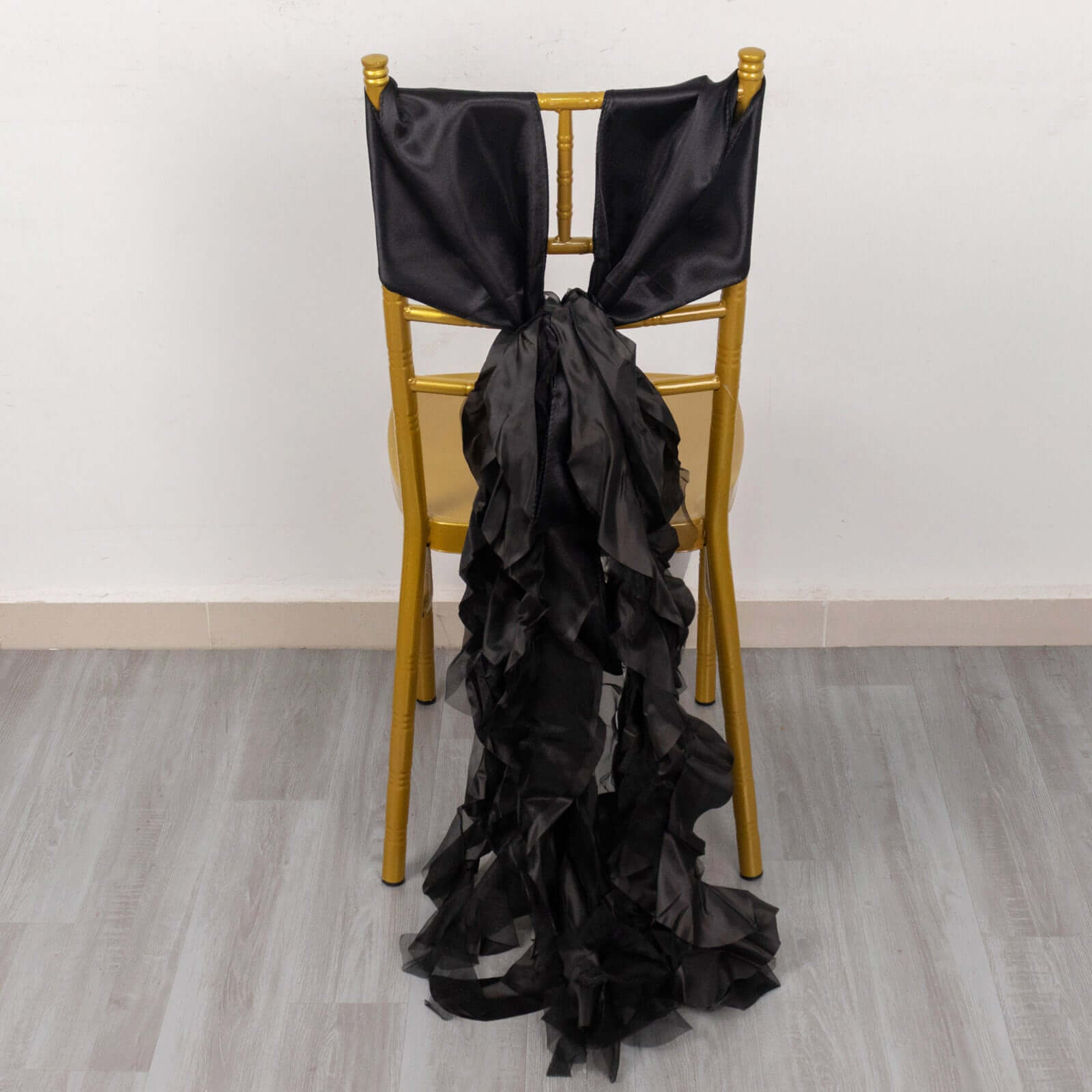 5 Pack Chiffon Satin Chair Sashes Black - Easy to Install Lustrous Ruffled Curly Willow Wedding Chair Decorations - Bell Racket Store