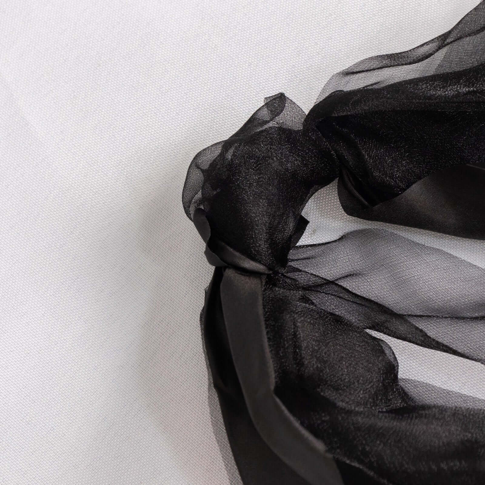 5 Pack Chiffon Satin Chair Sashes Black - Easy to Install Lustrous Ruffled Curly Willow Wedding Chair Decorations - Bell Racket Store