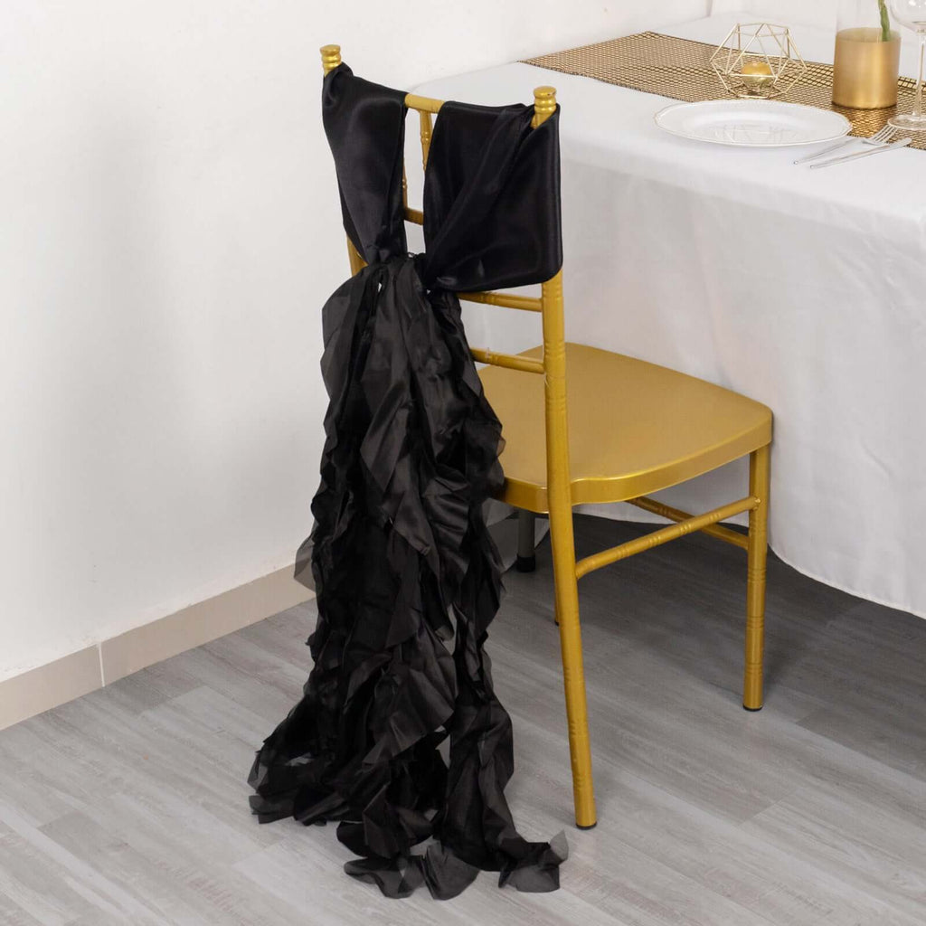 5 Pack Chiffon Satin Chair Sashes Black - Easy to Install Lustrous Ruffled Curly Willow Wedding Chair Decorations - Bell Racket Store