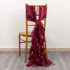 5 Pack Chiffon Satin Chair Sashes Burgundy - Easy to Install Ruffled Curly Willow - Bell Racket Store