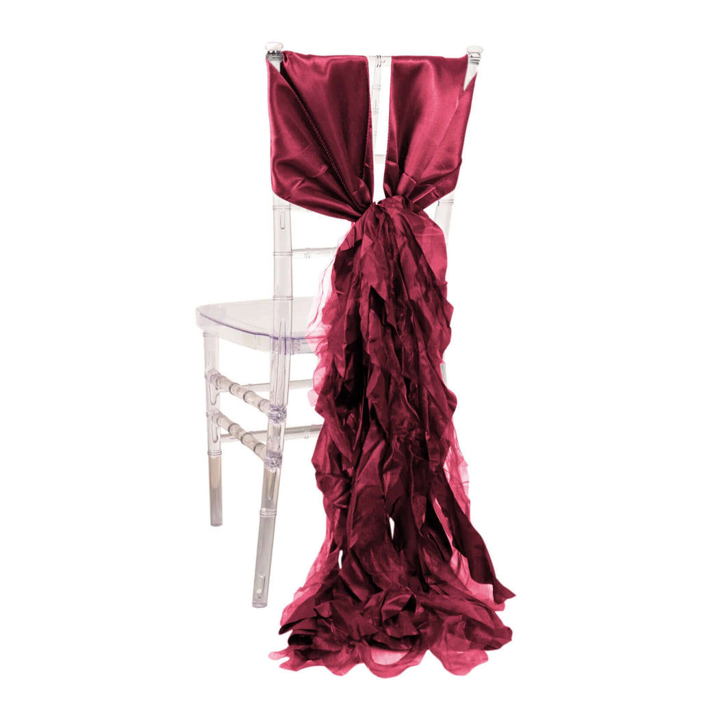 5 Pack Chiffon Satin Chair Sashes Burgundy - Easy to Install Ruffled Curly Willow - Bell Racket Store