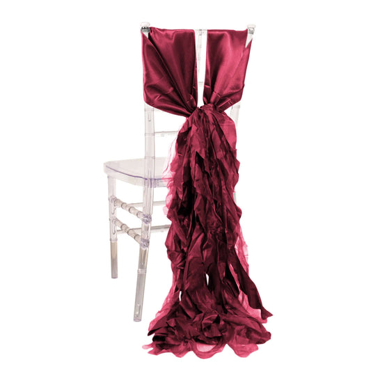 5 Pack Chiffon Satin Chair Sashes Burgundy - Easy to Install Ruffled Curly Willow - Bell Racket Store