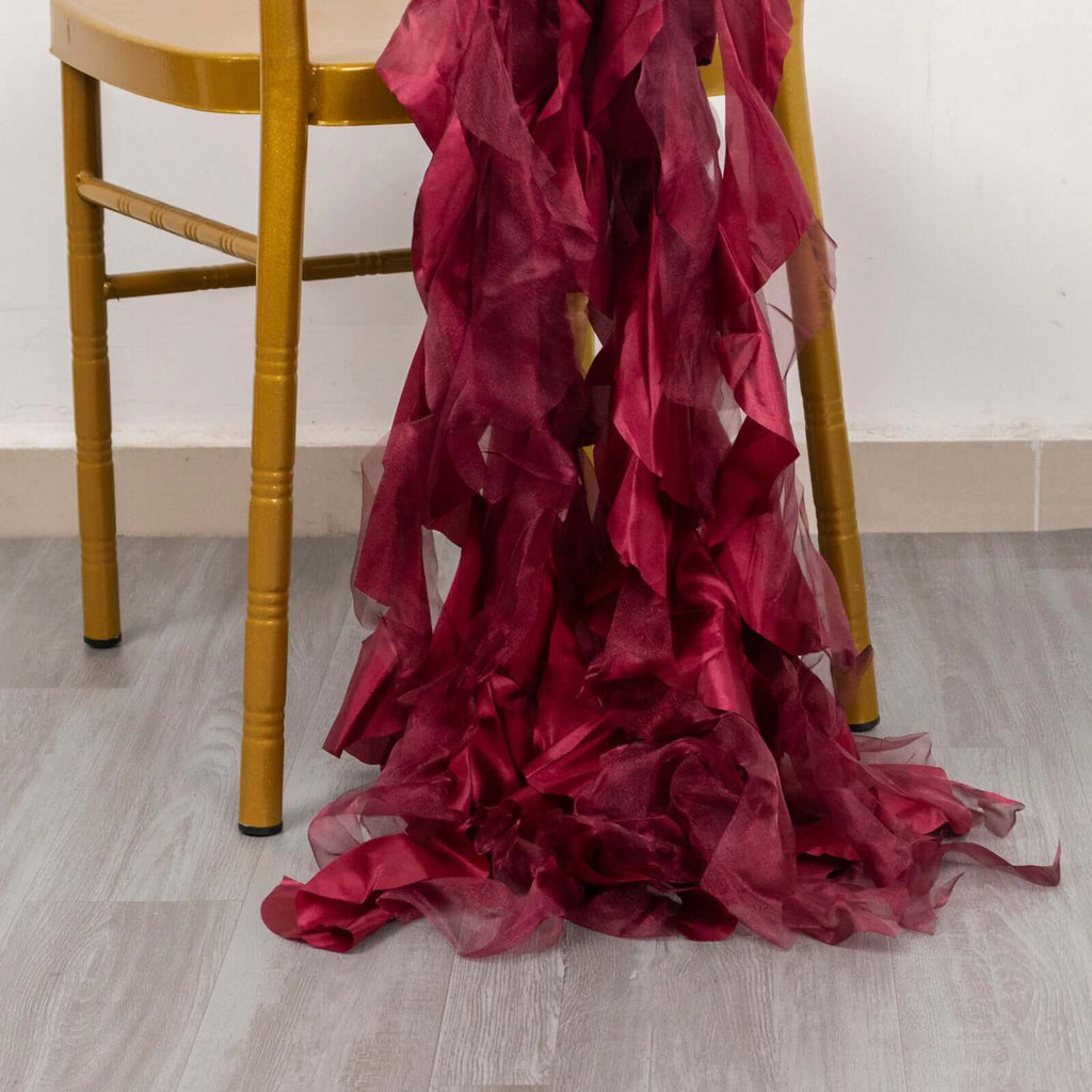 5 Pack Chiffon Satin Chair Sashes Burgundy - Easy to Install Ruffled Curly Willow - Bell Racket Store