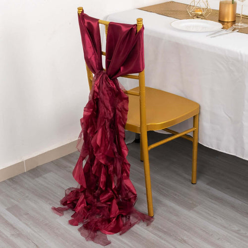 5 Pack Chiffon Satin Chair Sashes Burgundy - Easy to Install Ruffled Curly Willow - Bell Racket Store