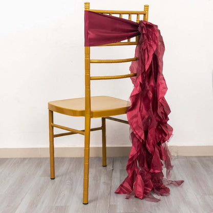 5 Pack Chiffon Satin Chair Sashes Burgundy - Easy to Install Ruffled Curly Willow - Bell Racket Store
