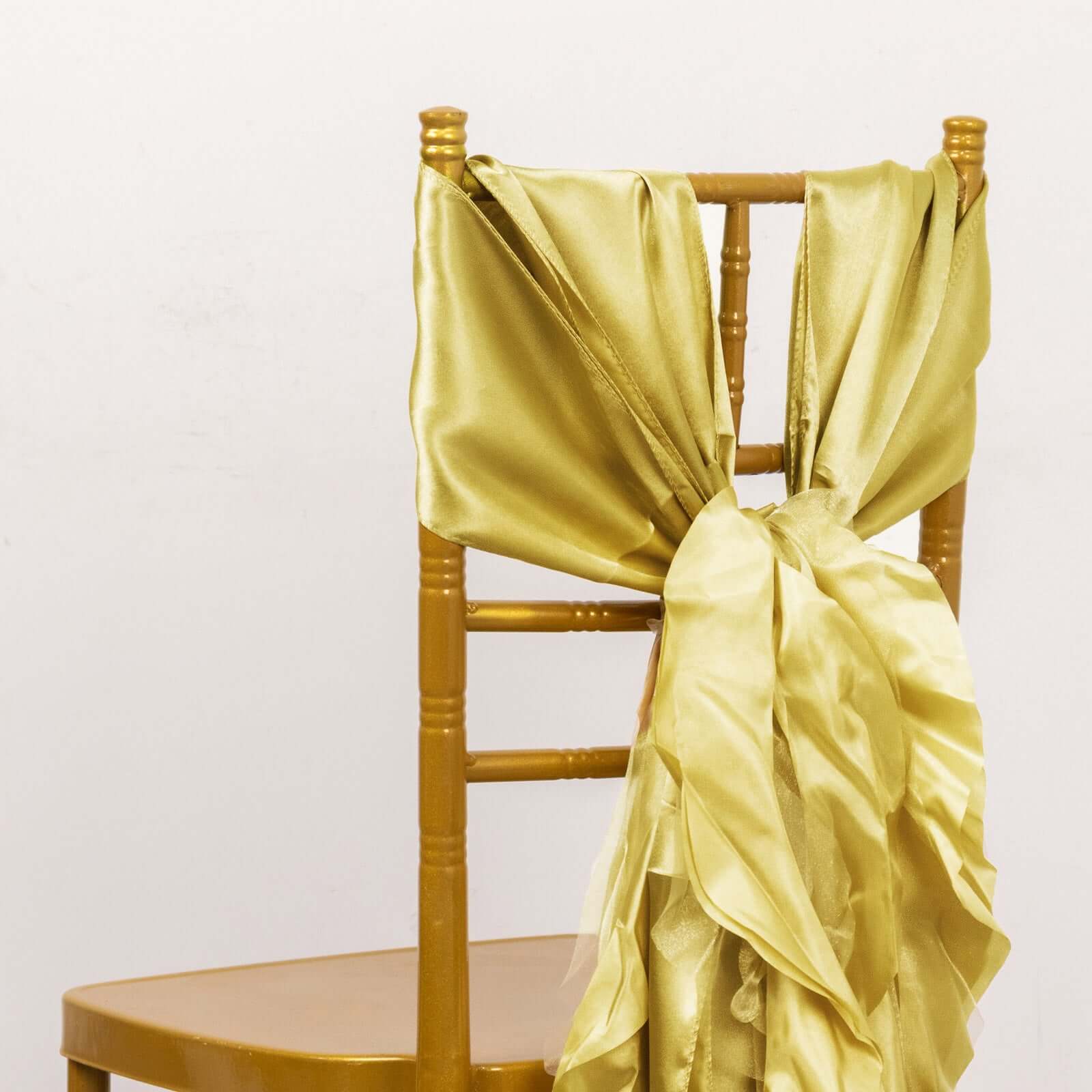 5 Pack Chiffon Satin Chair Sashes Champagne - Easy to Install Ruffled Curly Willow - Bell Racket Store