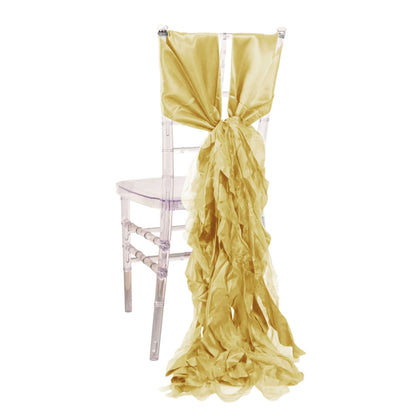 5 Pack Chiffon Satin Chair Sashes Champagne - Easy to Install Ruffled Curly Willow - Bell Racket Store