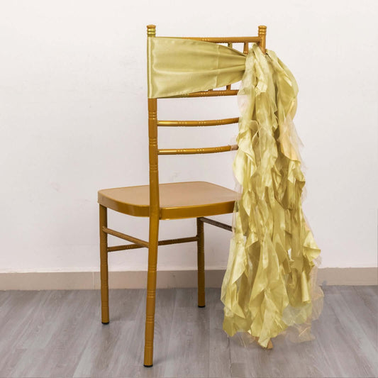 5 Pack Chiffon Satin Chair Sashes Champagne - Easy to Install Ruffled Curly Willow - Bell Racket Store