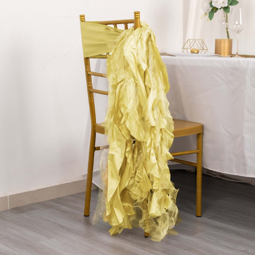 5 Pack Chiffon Satin Chair Sashes Champagne - Easy to Install Ruffled Curly Willow - Bell Racket Store